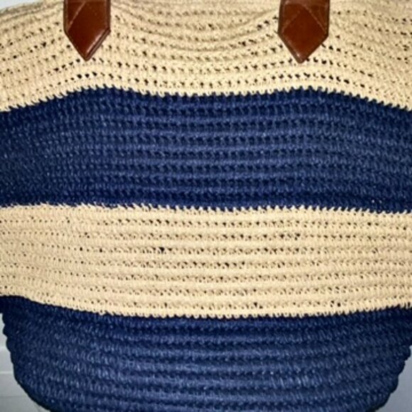 SunNSand Woven Jute Beach Tote Bag Zip Top Navy Tan Stripe 18wx14.5hx6.5"d EUC - Picture 5 of 9